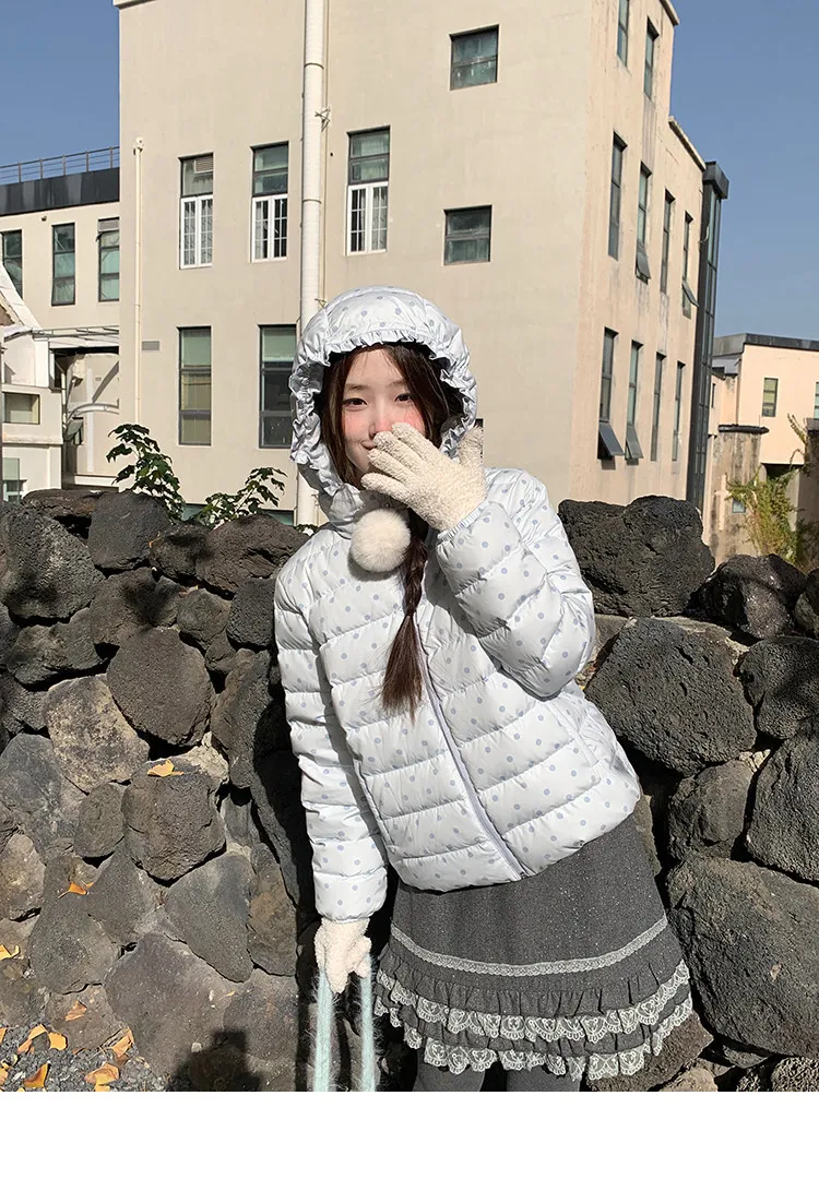 Korean Cropped Polka Dot Hooded Cotton-padded Jacket Women Zip Up Casual Winter Warm Outerwear Woman Sweet Cute Puffer Jackets
