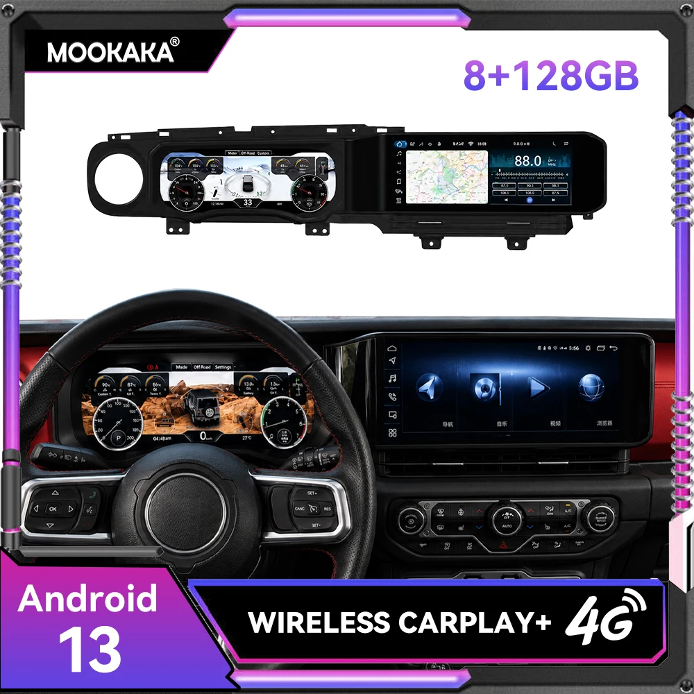 Dual Screen Android 13 Car Multimedia Player GPS Navigation Digital Speedometer 12.3 Inch for Jeep Wrangler JK 2018-2023