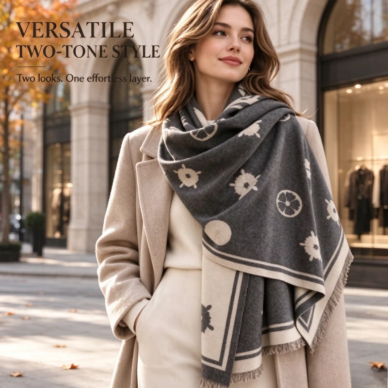Women Cute Fruit Print Scarf Imitation Cashmere Fringe Edge Large Warm Shawl Wrap Autumn Winter Fashion Neck Scarves
