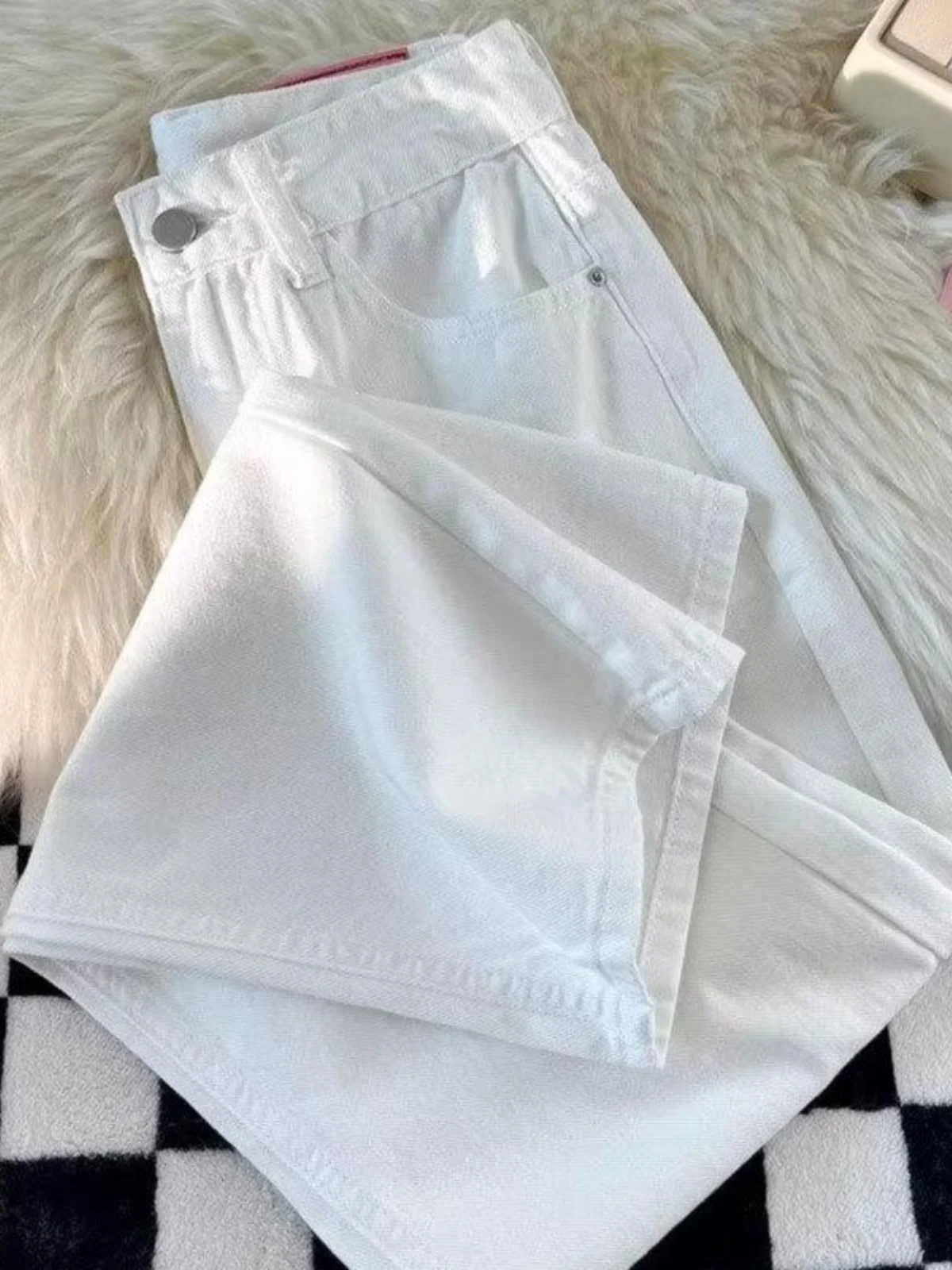 

Модные белые широкие джинсы скинни для женщин 50 см, повседневные длинные брюки прямого кроя с высокой талией, универсальные на четыре сезона