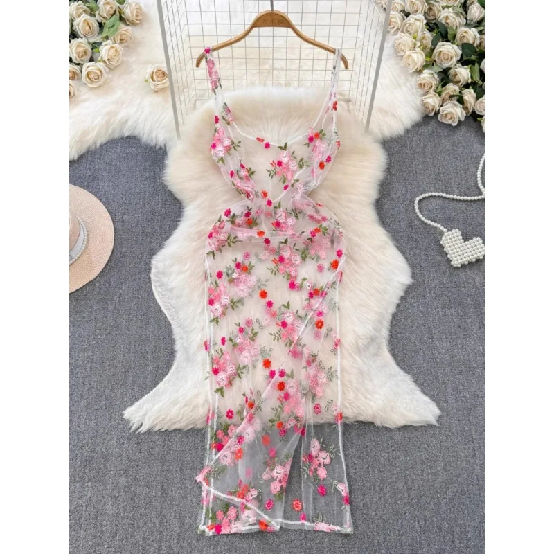 Holiday Vintage Elegant Heavy Industry Embroidered Mesh Dress Women New Summer Waist Slimming Slip Dress Vestidos De Mujer