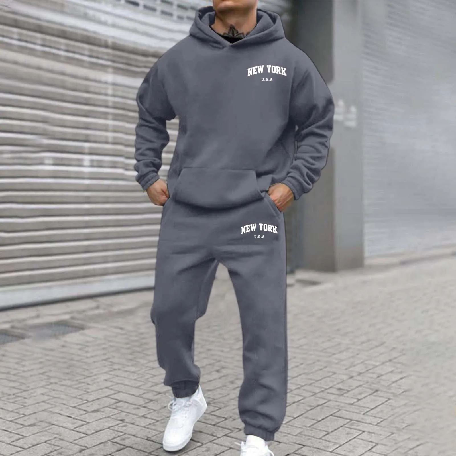 2024 New Autumn And Winter Men's Joggers 2 Piece Tracksuit Fashion New York Letter Printed Hoodie And Pants Set Men Outfits