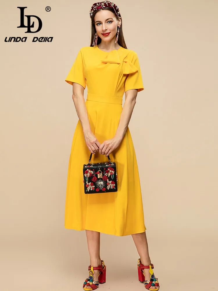 LD LINDA DELLA Fashion Runway Designer Summer Dress Women O-neck Short sleeve Solid color Casual wear Midi Dress