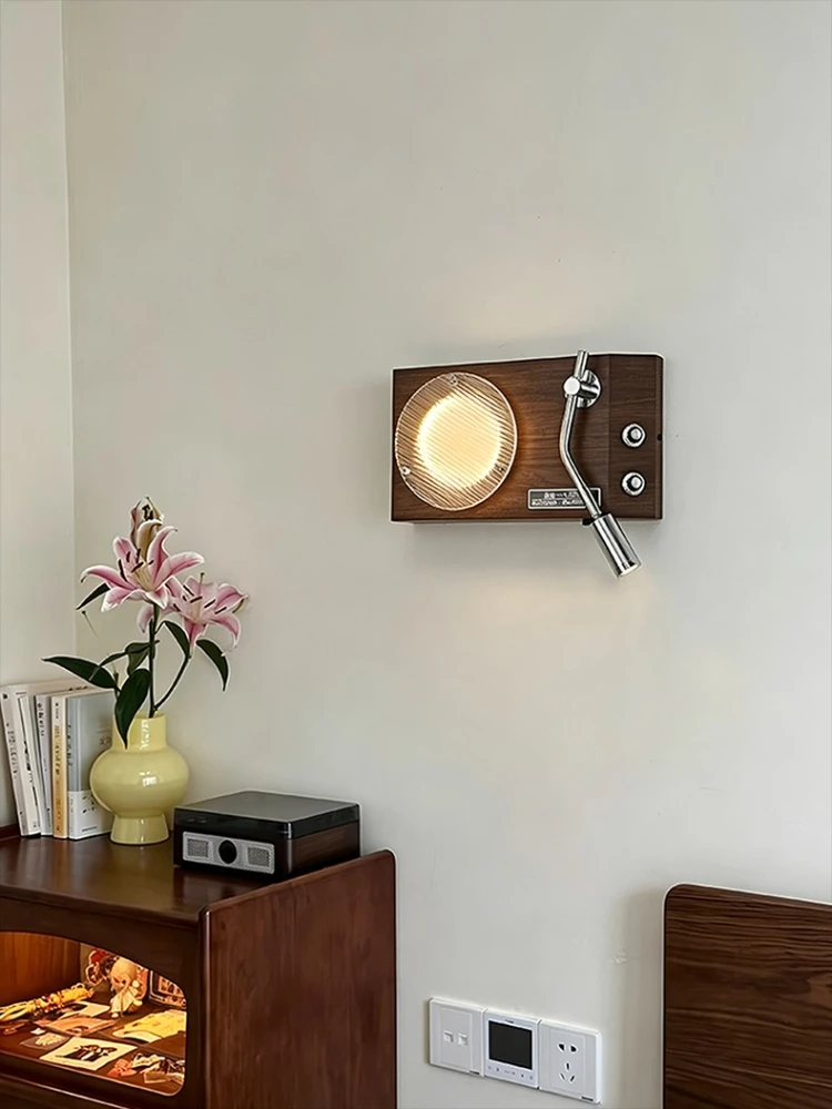 Vintage Record Player LED wall light Walnut Color Aisle Study Wall Sconce retro nostalgic style cafe bedroom bedside wall lamp