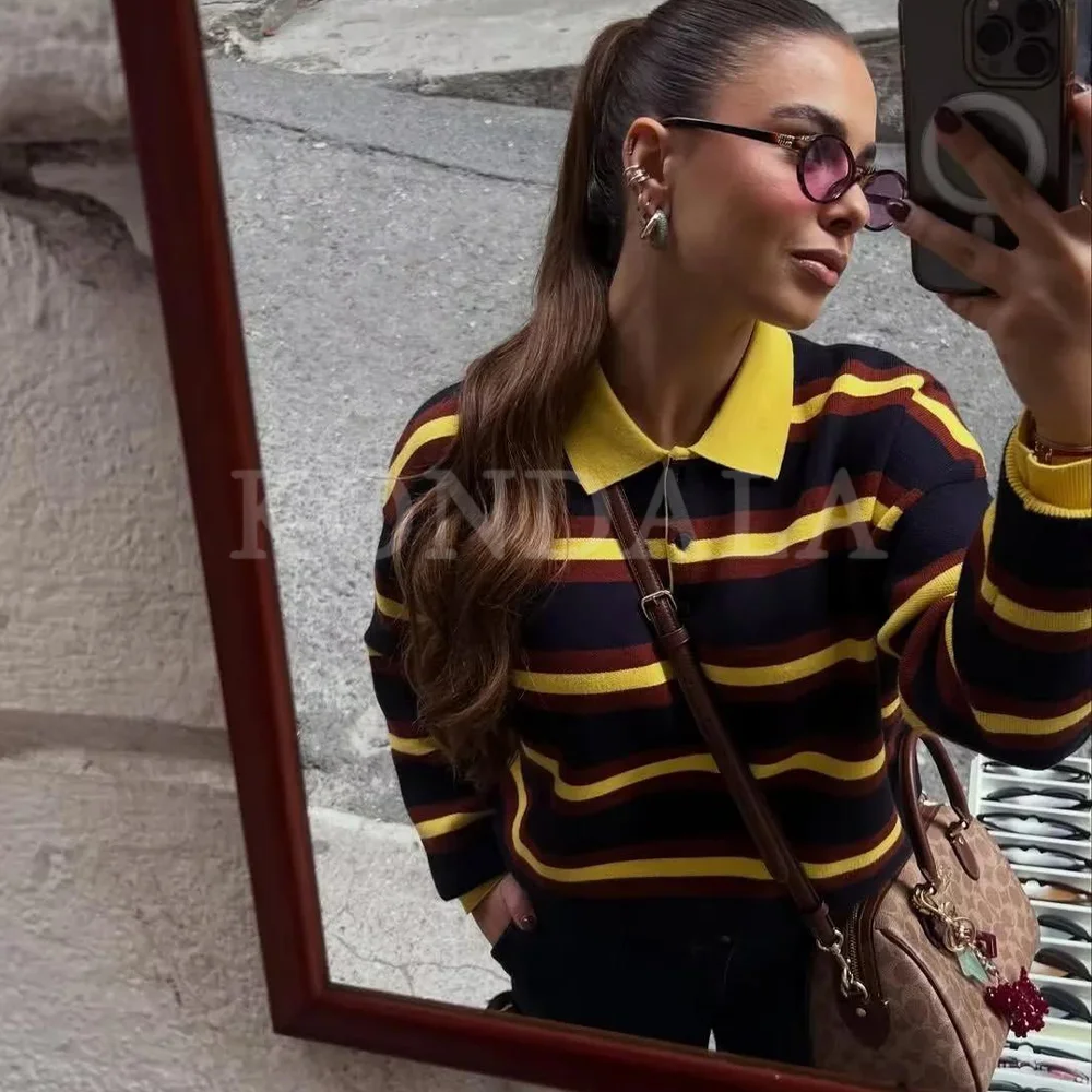 KONDALA 2025 Fall Winter Streetwear Knitted Women POLO Shirts Fashion Elegant Striped Pullover Ladies POLO Shirts