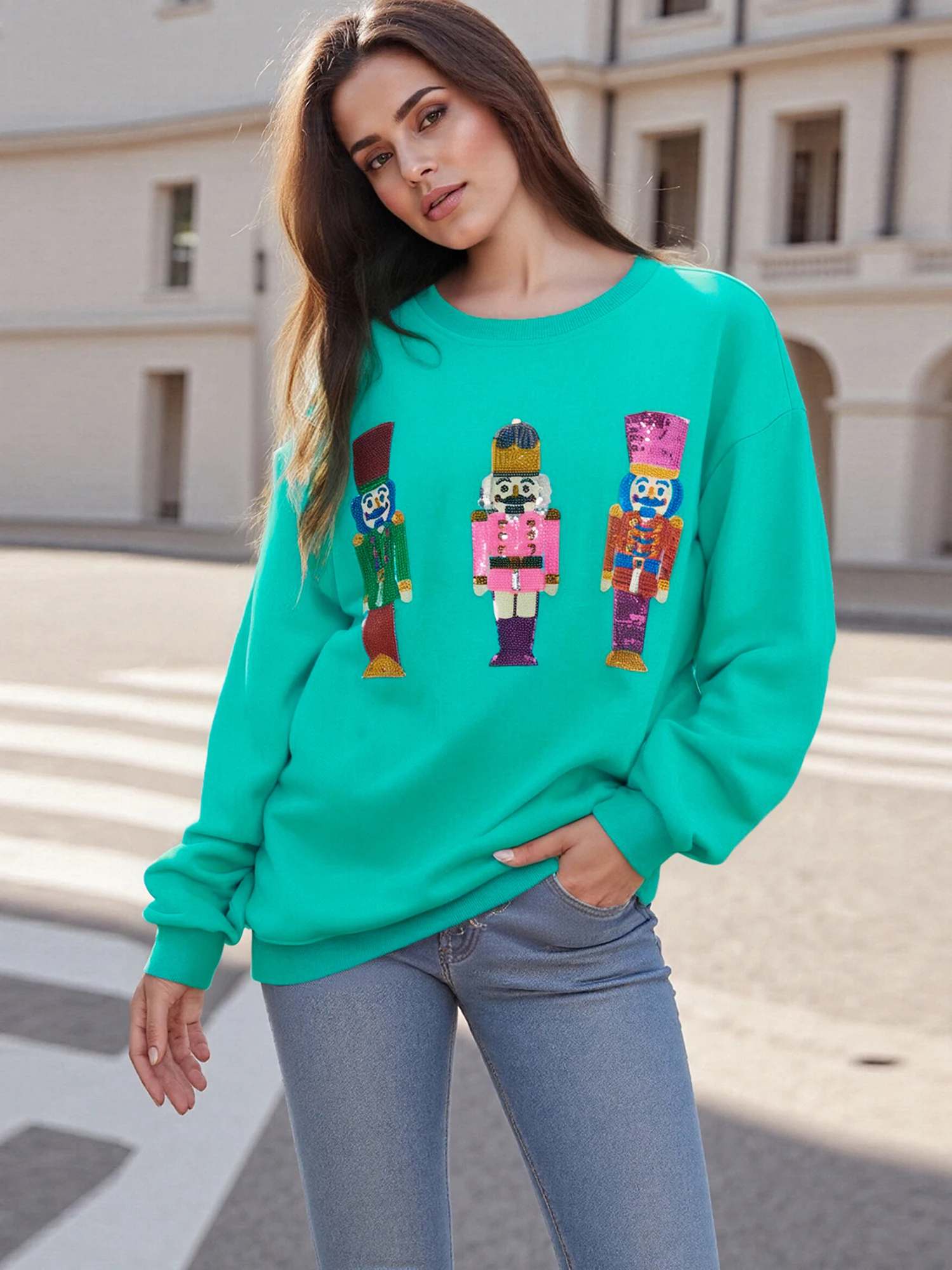 المرأة ربيع الخريف فضفاض البلوز طويلة الأكمام Crewneck الجندي سانتا قبعة طباعة البلوز