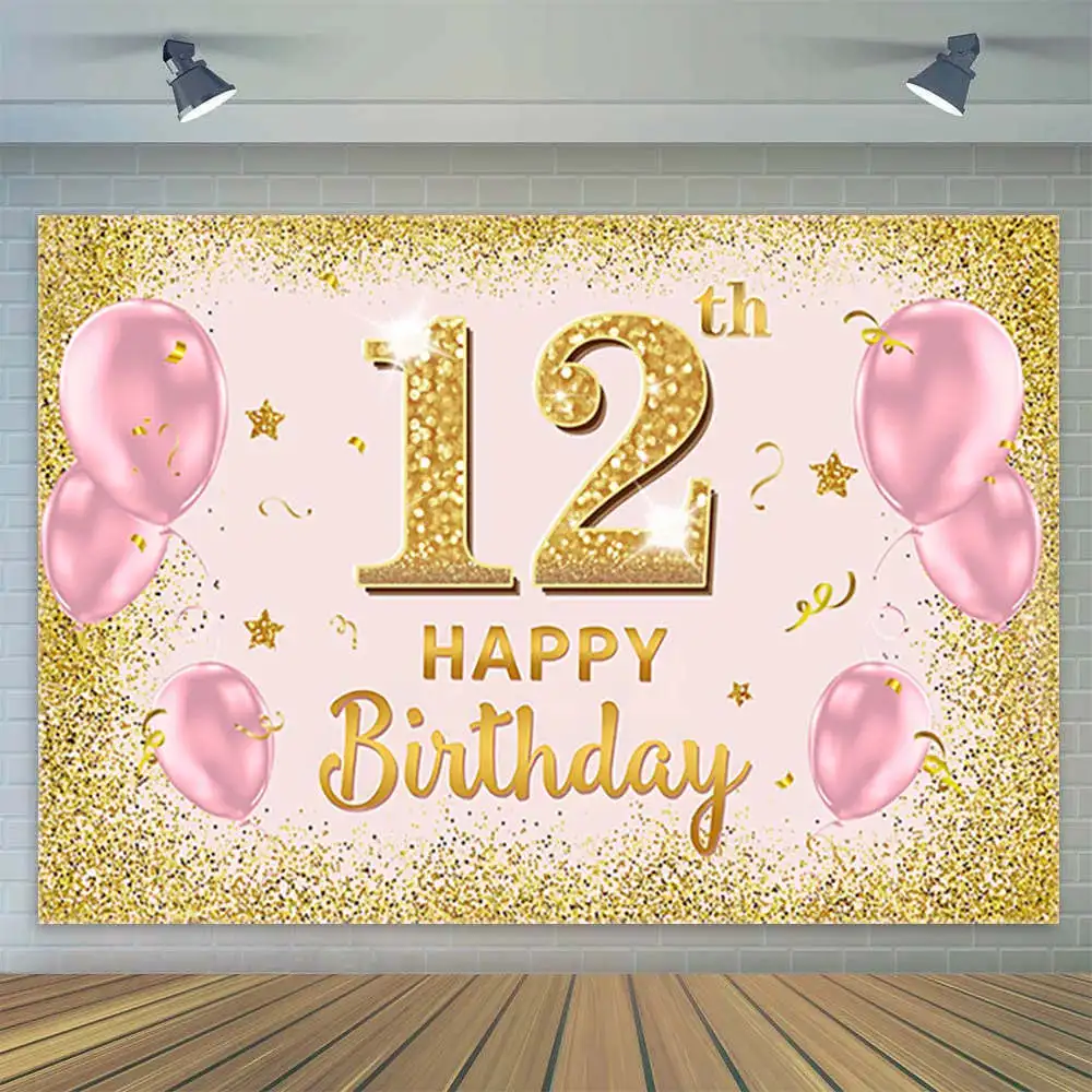 

Happy 12th Birthday Party Decoration Banner Backdrop Pink Gold Bar Mitzvah for Girls 12 Years Old Photography Background Custom