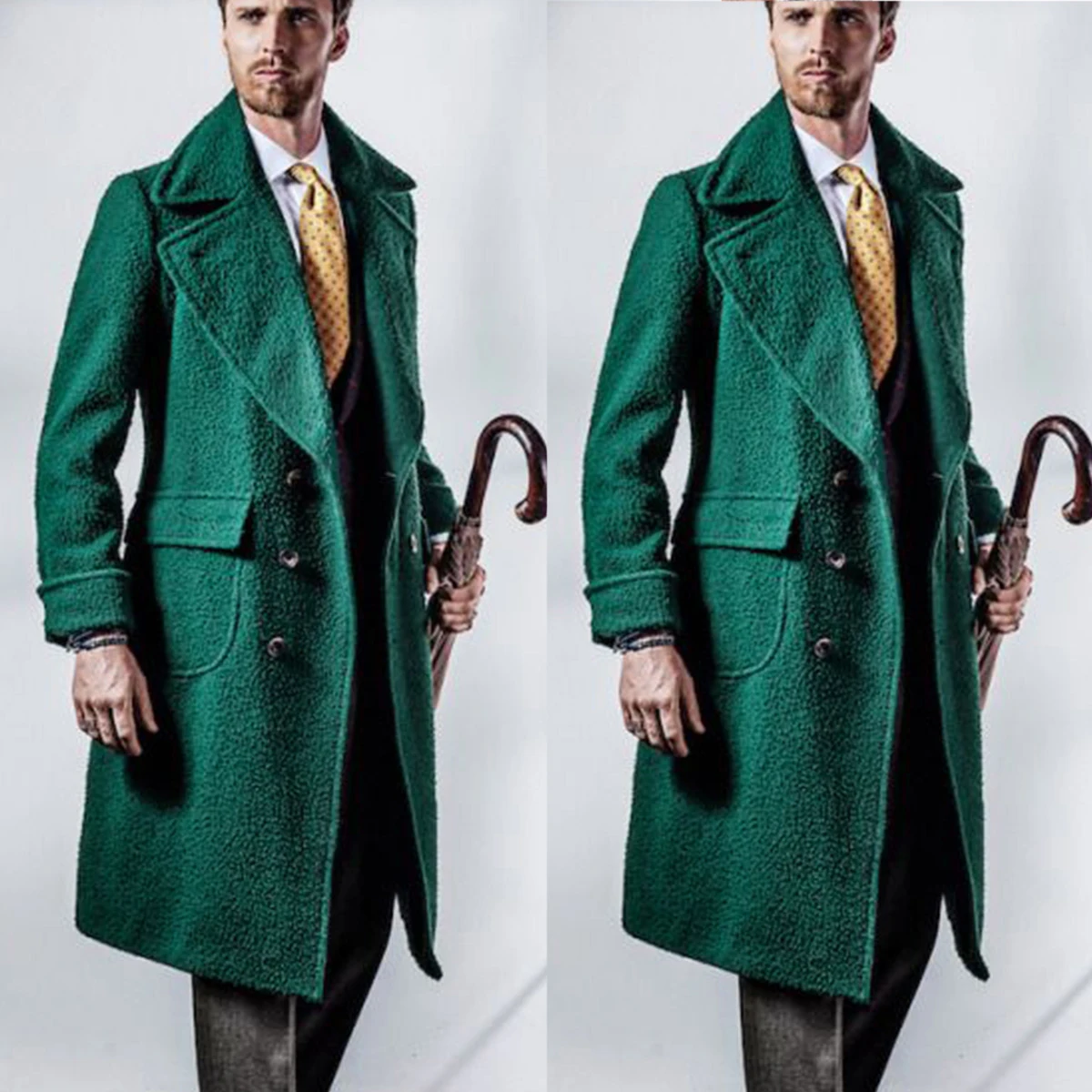 Green Tweed Long Coats Shawel Lapel Coat Double Breasted Warm 1 Piece OverCoat Tailored