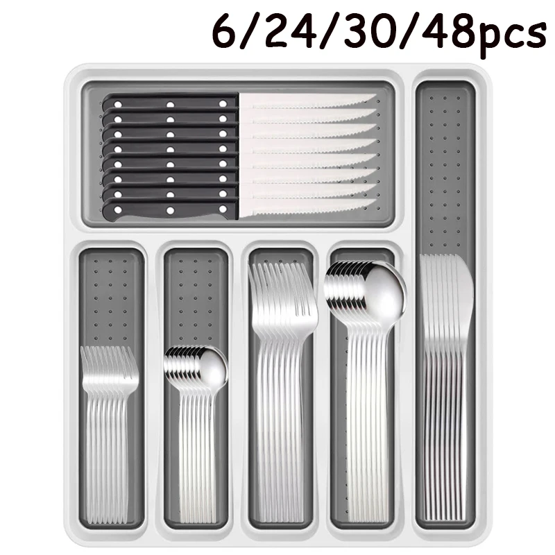 

6/24/30/48 шт. усовершенствованный серебряный набор посуды из нержавеющей стали, включая нож, ложку, вилку, чайную ложку, вилку для чая и нож для стейка.