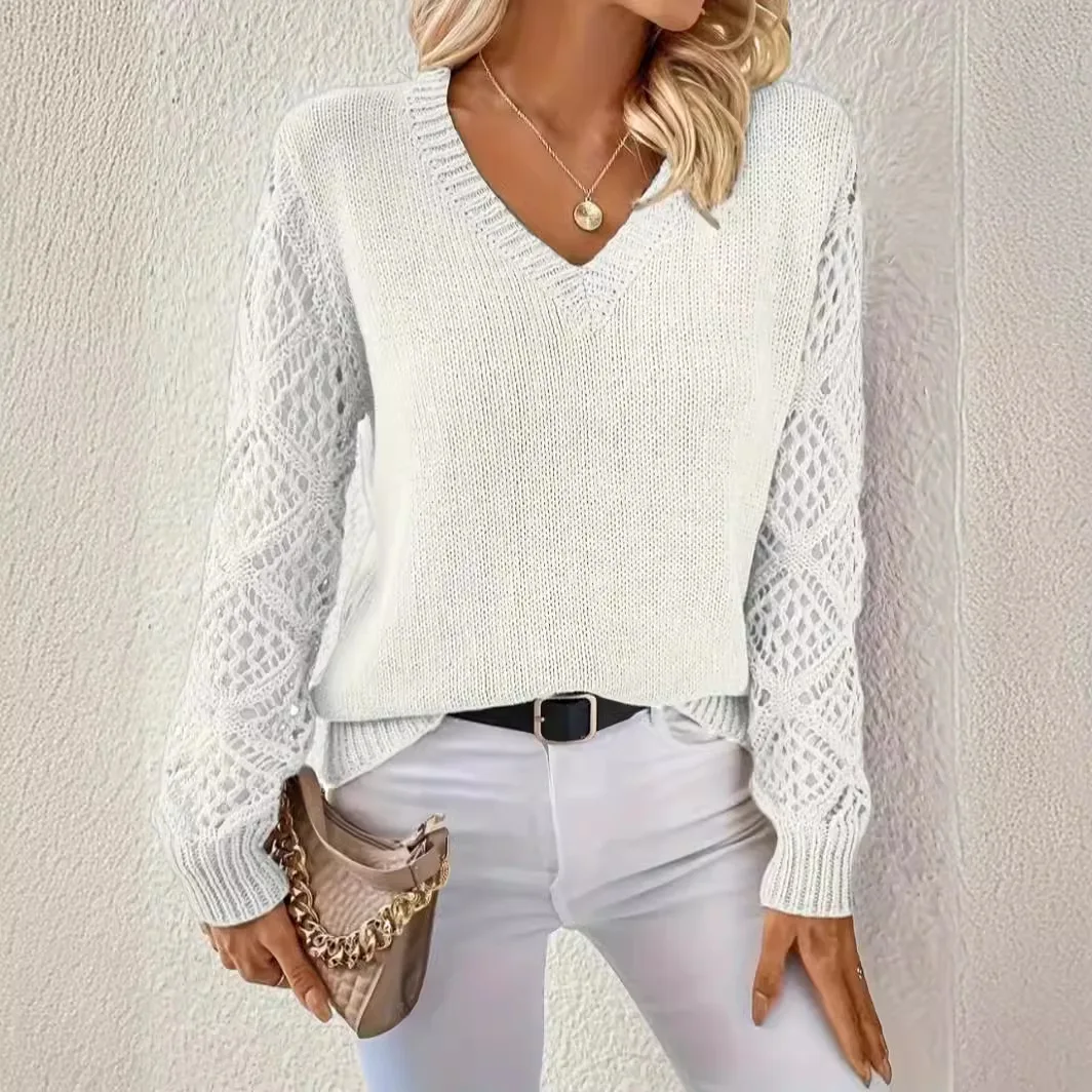 Sweater V-neck Long Sleeved Pullover Hollow Out Design Fashion Loose Plus Size Knitted Tops Autumn Winter Commuting Daily Wear