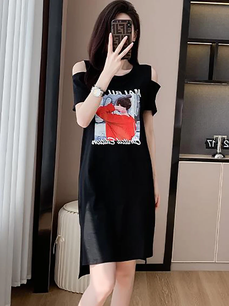 Summer Black Print Chic Off Shouler Sexy Midi Dress Women Korean Vintage Festival Dress 2025 Elegant Bodycon Luxury Party Dress