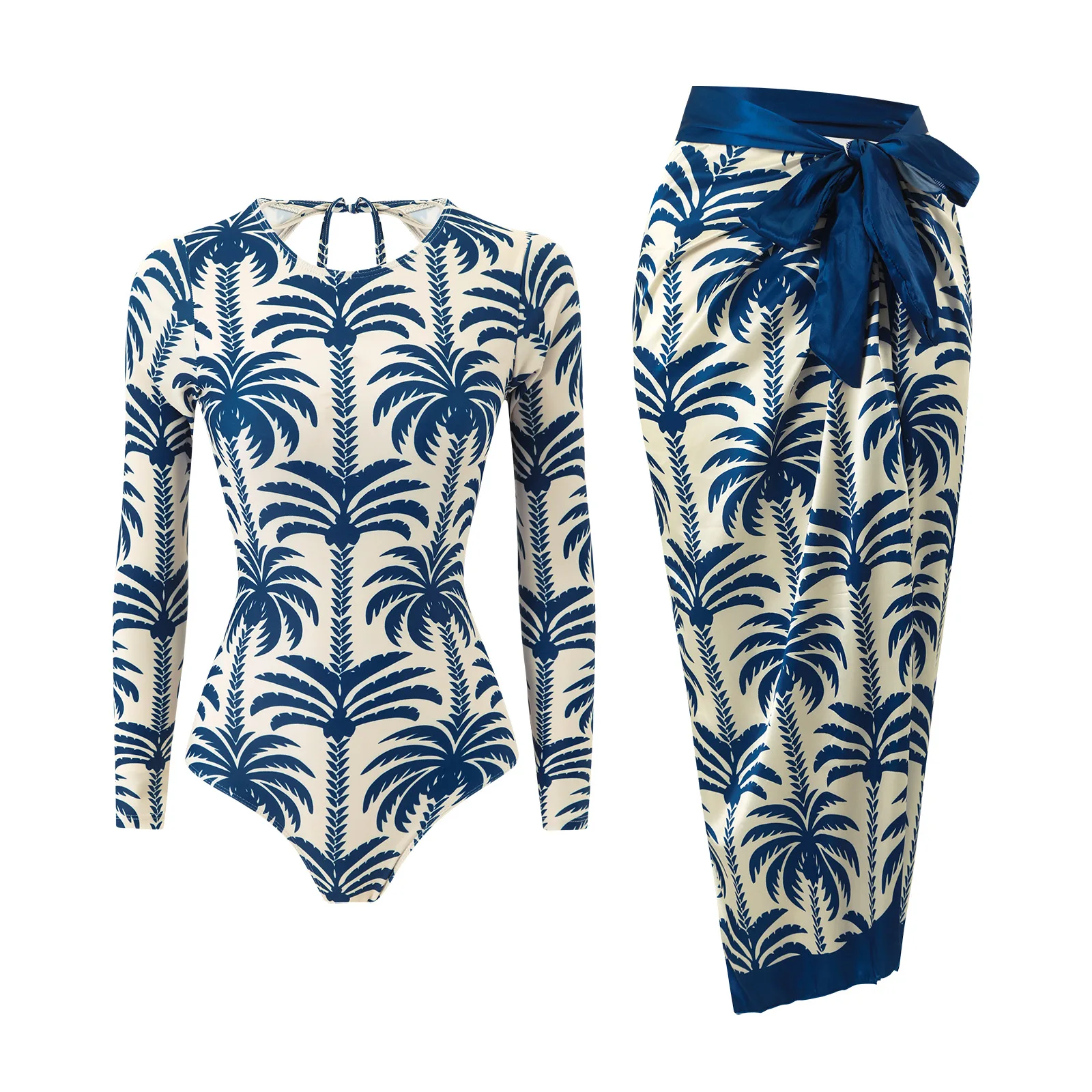 S - XL 2026 Coconut Tree Printed Long Sleeve With Skirt Women Swimwear One Piece Swimsuit Female Bather Bathing Suit Swim