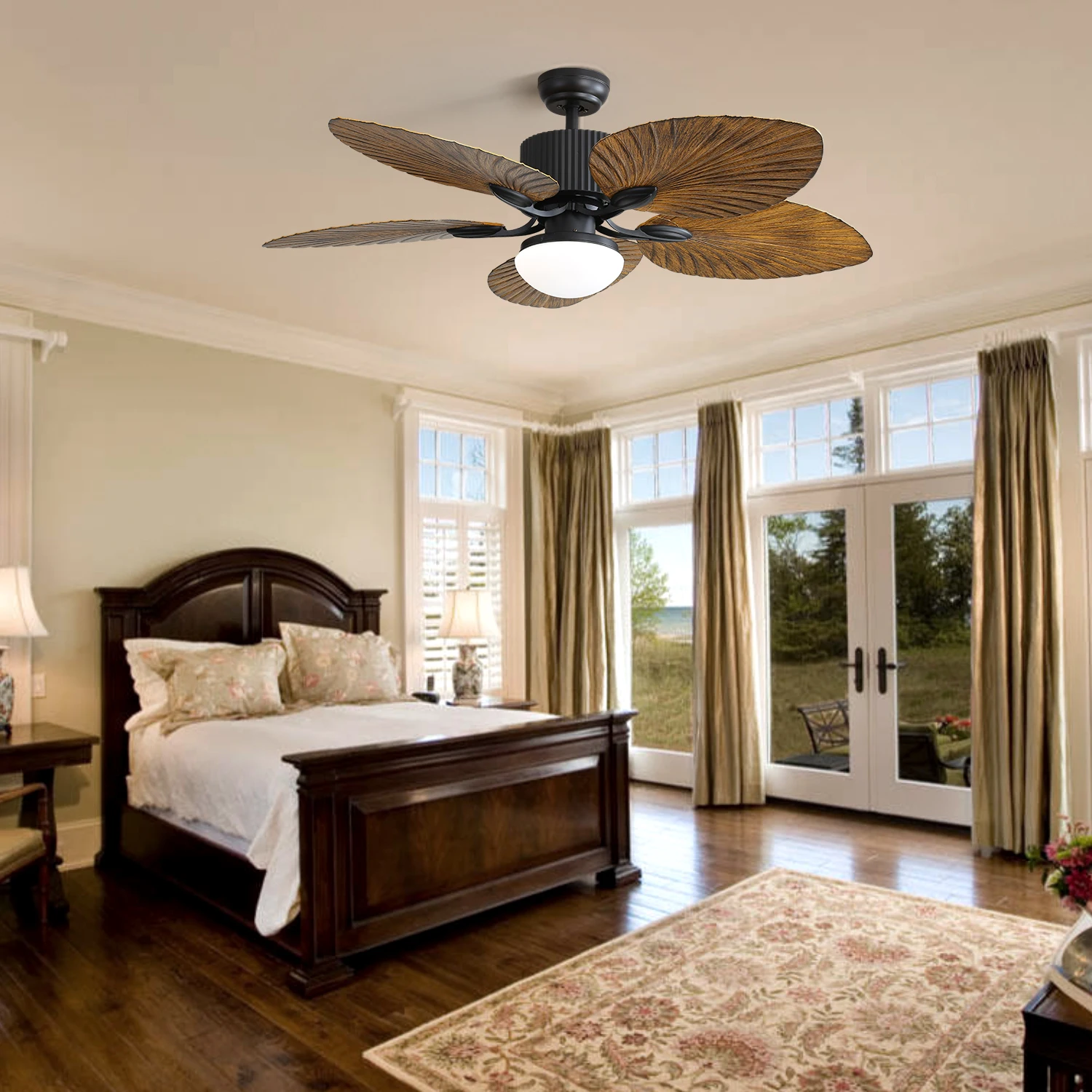 48 Inch Tropical Ceiling Fan With 3 Speed Wind 3 Color Dimmable Led Light Remote Control Reversible AC Motor