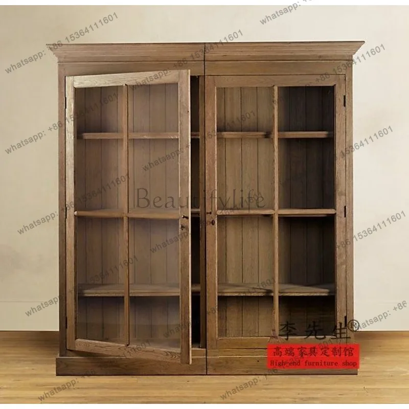 American rural oak antique two-door bookcase, pastoral glass door multi-layer living room bookcase