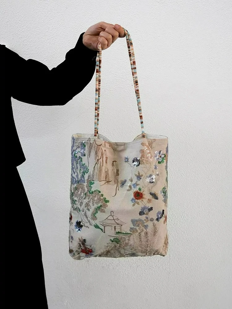 

Bead Embroidered Cotton Cowboy Shoulder Bag New Chinese Style Women's Handbag
