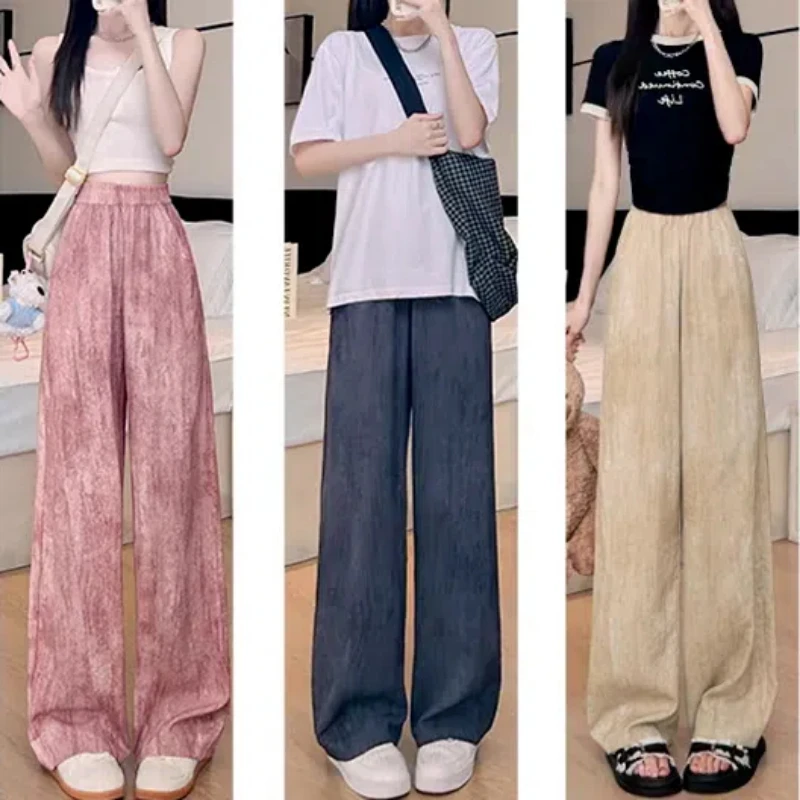 

Elastic Waist Drawstring Pleated Tie Dye Wide Leg Pant Summer Sports Casual Fashion High Waist Straight Ins Trouser Pants Women