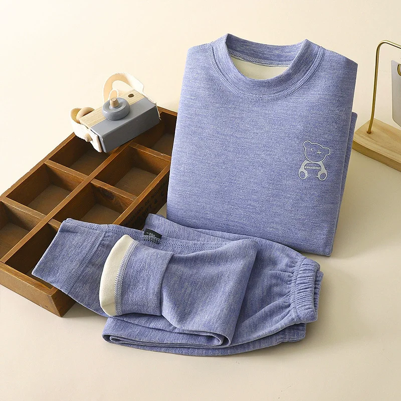 

Children Warmth Sets Winter Boys Girls Velvet Underwear Suits Autumn Kids Solid Long Sleeve Tops+Pants 2Pcs Teen Pajamas Outfits