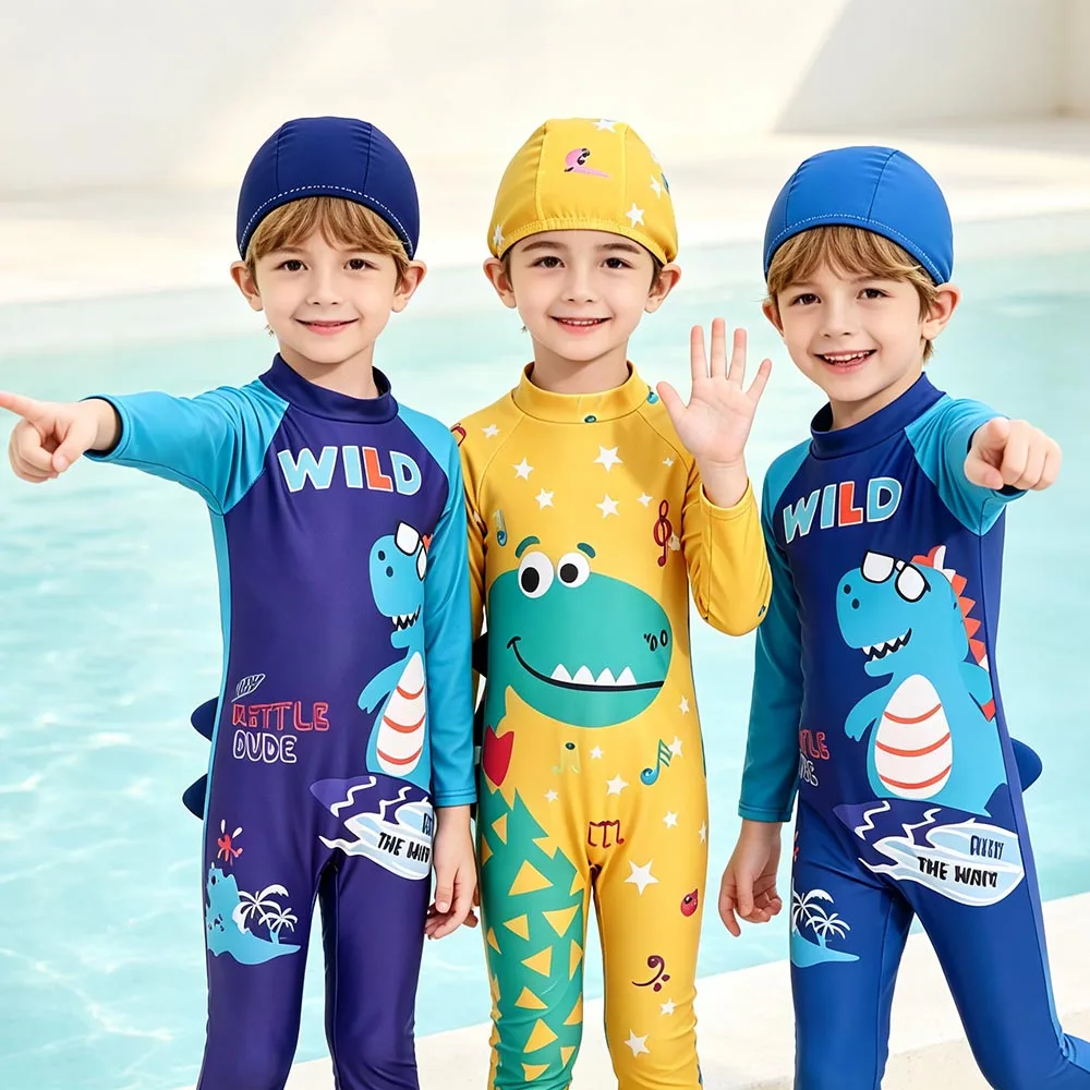 Boys Long Sleeve One Piece Rash Guard Swimsuit With Cap Cartoon Dinosaur Kids Full Length Bathing Suit Beach Surfing Swimwear