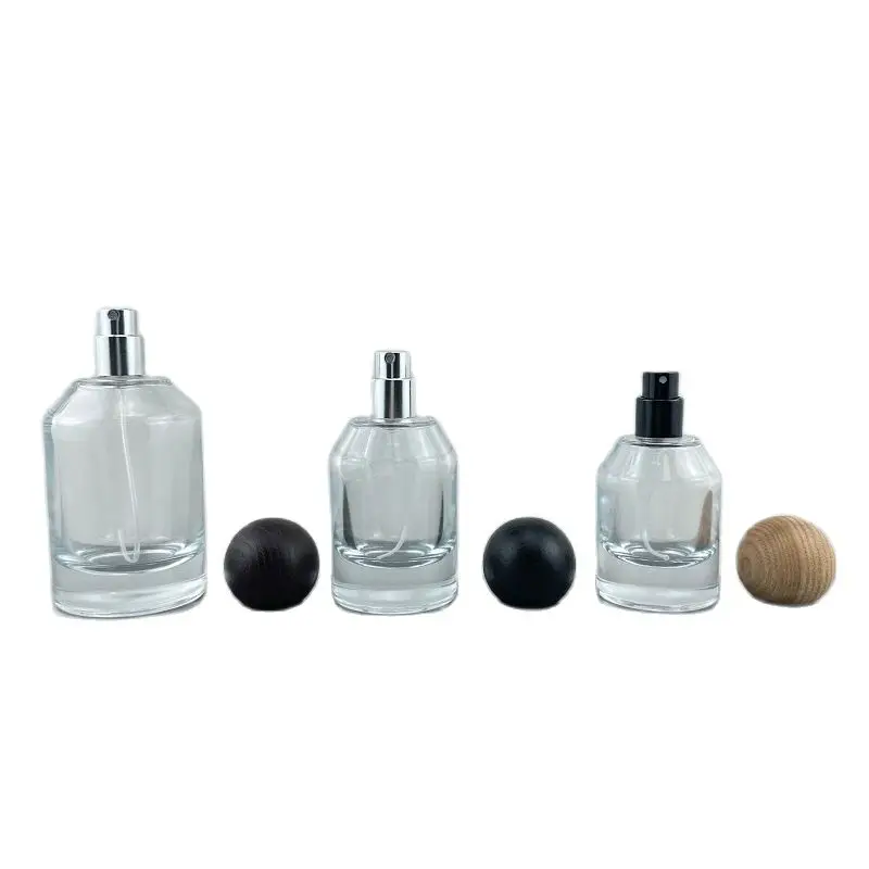 Round Ball Wood Cover Empty Glass Bottles 50ml Transparent Think Bottom Fragrance Mist Spray Crimpless Perfume Refillable Bottle