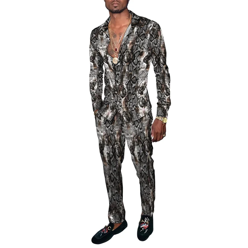 

Весенне-осенняя мужская одежда из змеиной кожи с 3D принтом, спортивный костюм, рубашка с длинными рукавами, длинные брюки, комплекты из двух предметов, одежда