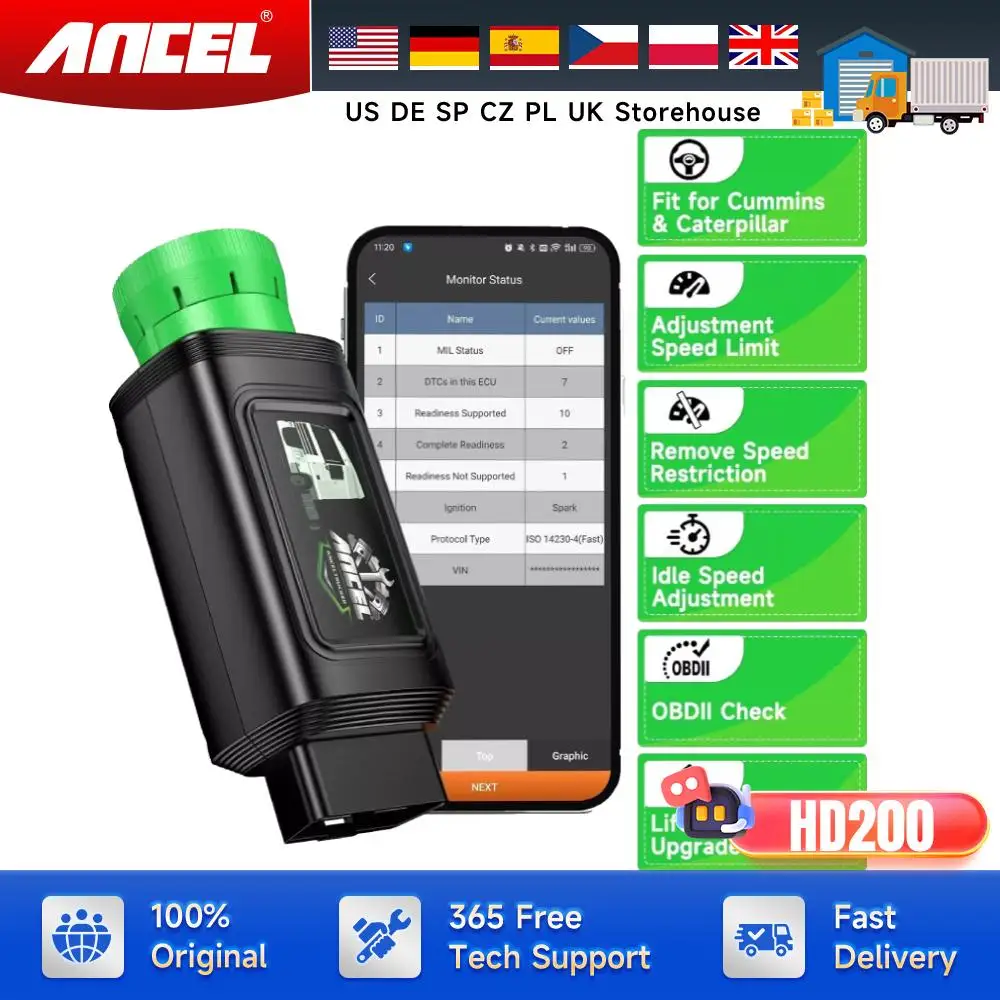 ANCEL HD200 OBD2 Heavy Duty Trucks Scanner All System Speed Limit Reset Diesel Truck Diagnostic Tools for Cummins Caterpillar