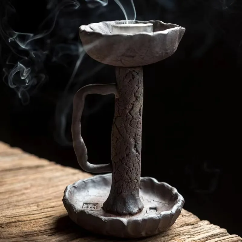 Simple Retro Stoneware Candle Holder Ornament, Japanese Ceramic Handle Candle Holder Modern Home Table Decor