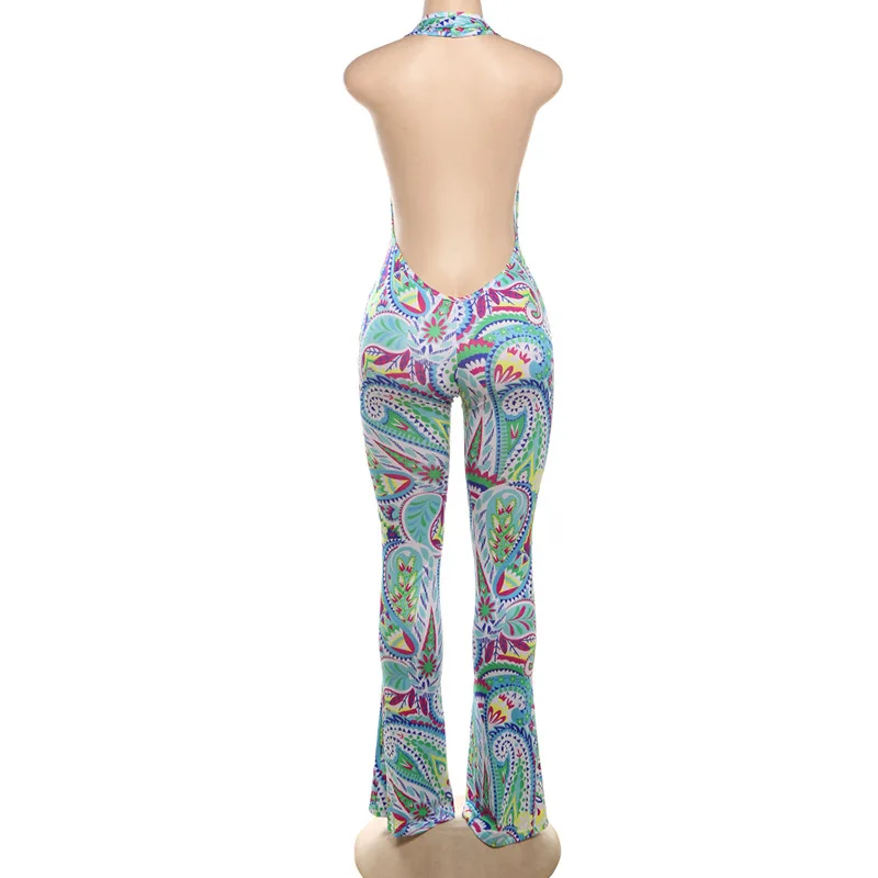 Macacão Halter com estampa Paisley feminino, decote em v profundo, sem mangas, sem costas, flare fino, macacão, roupas de verão, macacão sexy