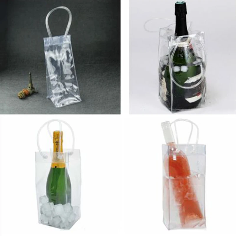 1/2/5pcs Ice Wine Bag With Handel Collapsible Clear PVC Pouch Wine Cooler Bag Wine Chiller Sleeves For Champagne Beer Beverages