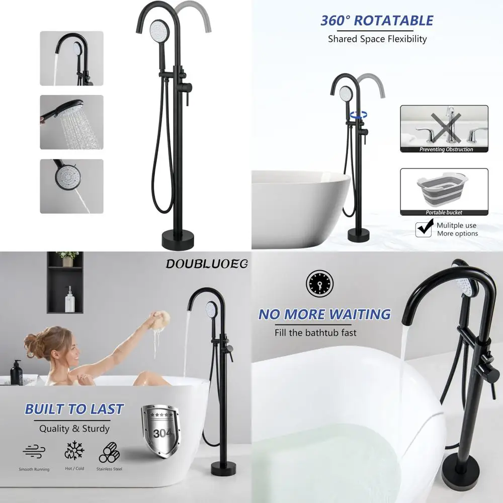 

High-Flow Matte Black Freestanding Bathtub Faucet with 360° Swivel Spout and 5-Function Hand Shower