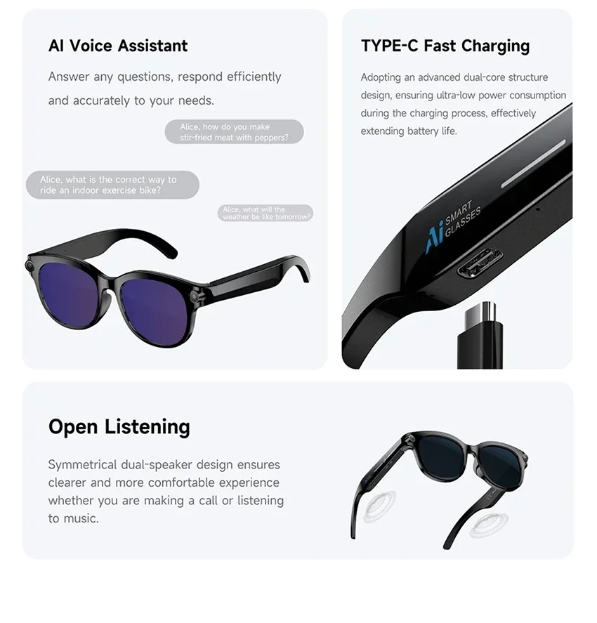 Lenovo ThinkPlus AI Smart-Brille mit Übersetzungsfunktion, Bluetooth, Sprachaufzeichnung, Musikwiedergabe – intelligente Sonnenbrille für Damen und Herren. – Detail 3