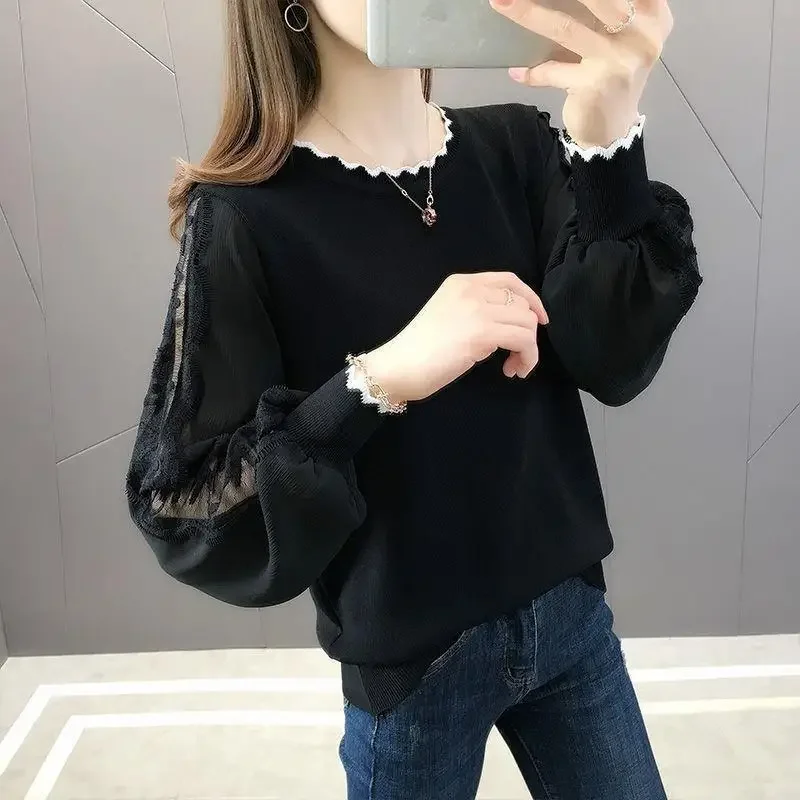 

Fashion Knitted Spliced Lace Gauze T-Shirt Female Clothing 2024 Autumn Winter Loose Casual Tops Lantern Sleeve Tee Shirt F185