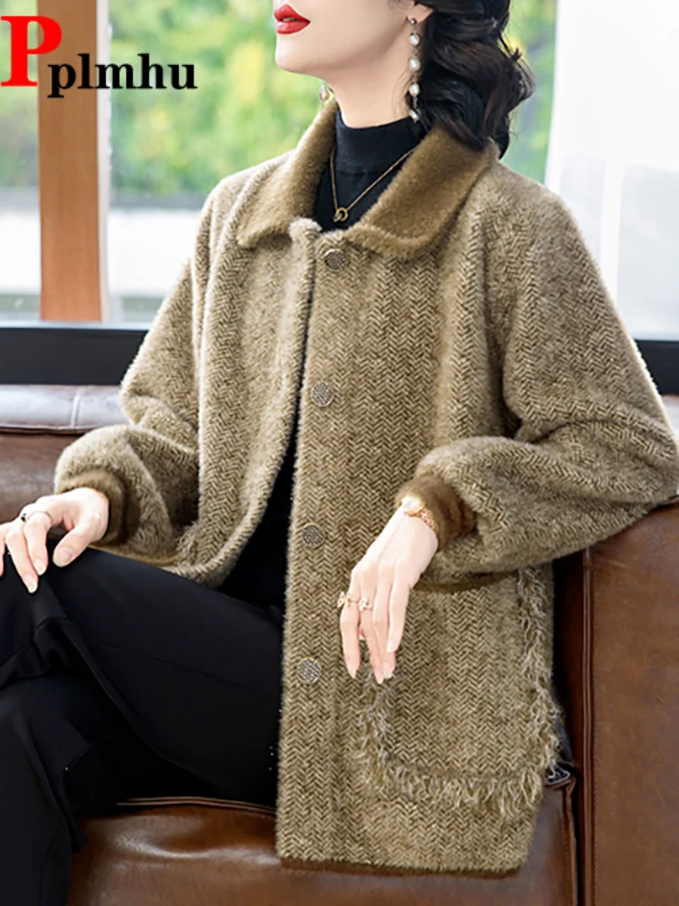 

Korean Fashion Woolen Lapel Jackets Women's Casual Short Chaquetas Single Breasted Button Turn-Down Collar Elegant Jaquetas