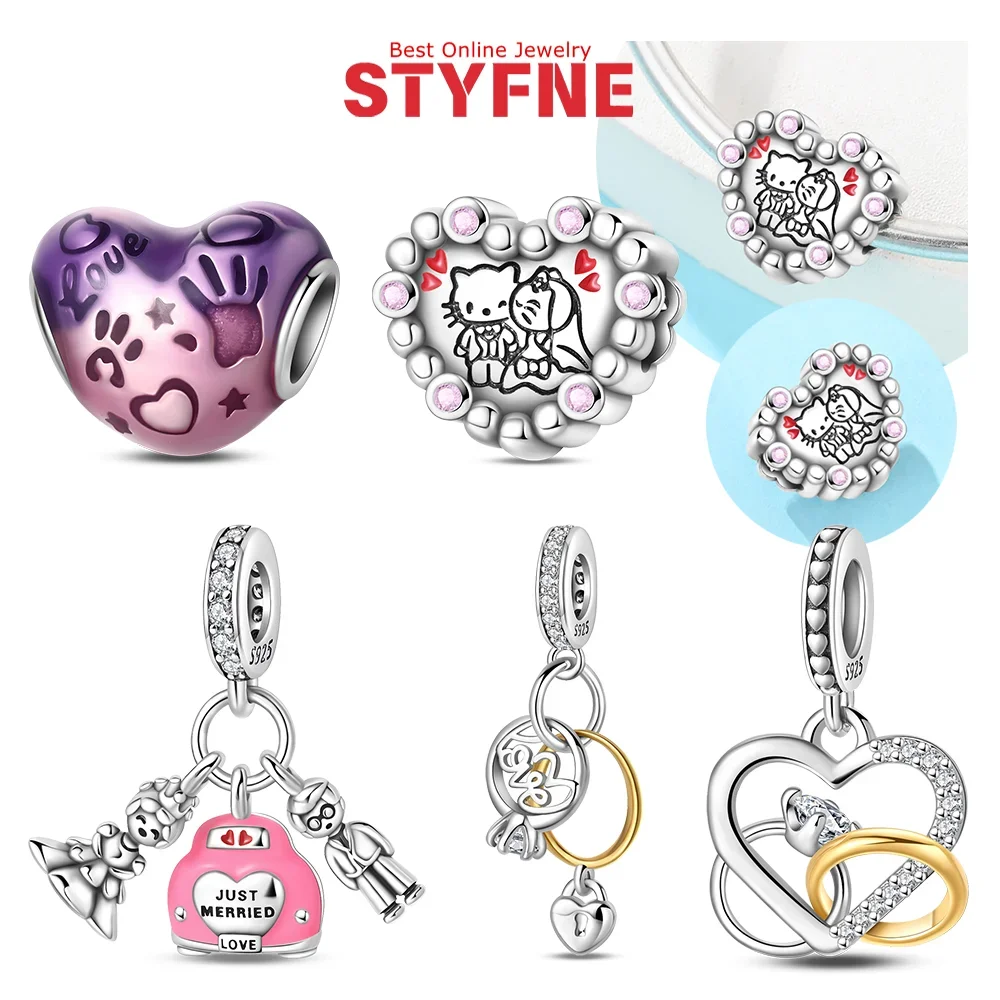

925 Silver Heart Shaped Charms Romantic Cat Newlyweds Beads Diamond Ring Pendant Fit Original Bracelet Fine DIY Wedding Jewelry