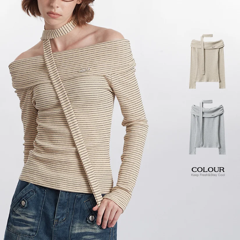 

Yapher Women's Striped Off-Shoulder Long Sleeve T-shirt Knit with Scarf Sexy Tops Casual Slim Fit Chic Tee for Work & Weekend