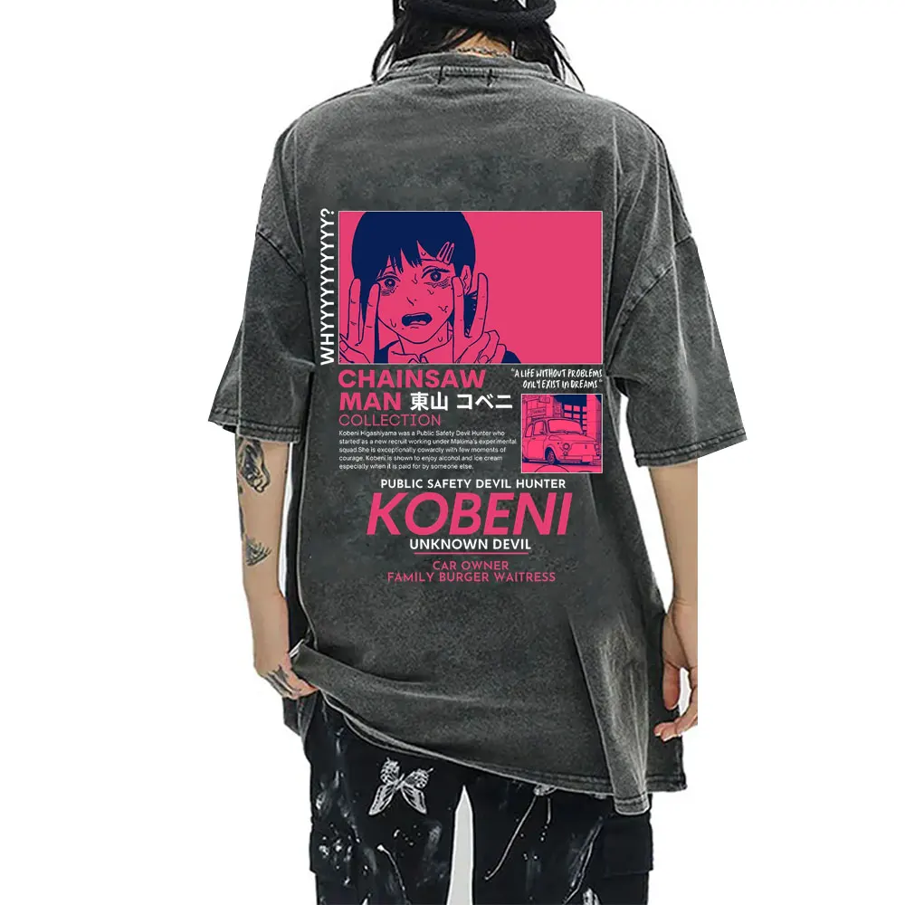 

Vintage Washed Anime Chainsaw Man Kobeni Graphic T-shirt Men Women Manga Casual Loose Cotton T Shirts Men's Oversized Streetwear