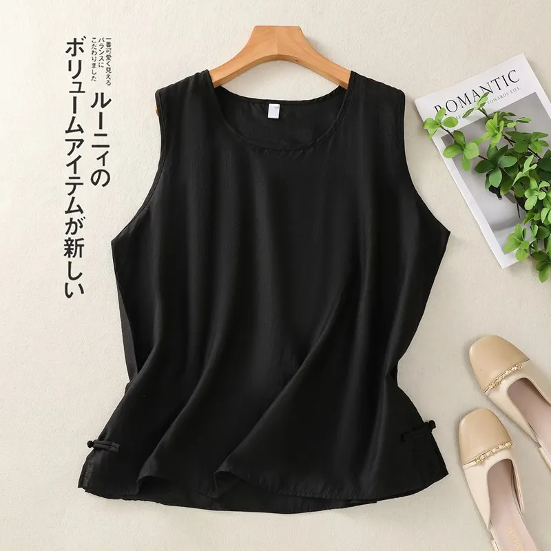 夏ルーズコットンとリネンタンクトップ女性キャミソールレトロカジュアルボタンノースリーブトップベスト基本キャミソール