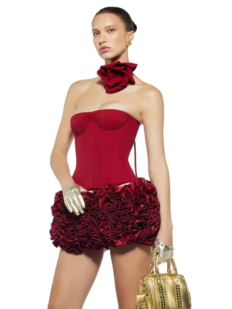 

Women's Floral Embellished Skirt Two Piece Set Sexy Lace-up Corset Top + Mini Flowers Skirts Suits Celebrity Party Cocktail Sets
