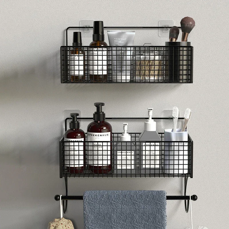 Home Golden Bathroom Shelf Punch-Free Wall Hanging Toilet Storage Rack Towel Bar Integrated Organize Storage Holder Hardware