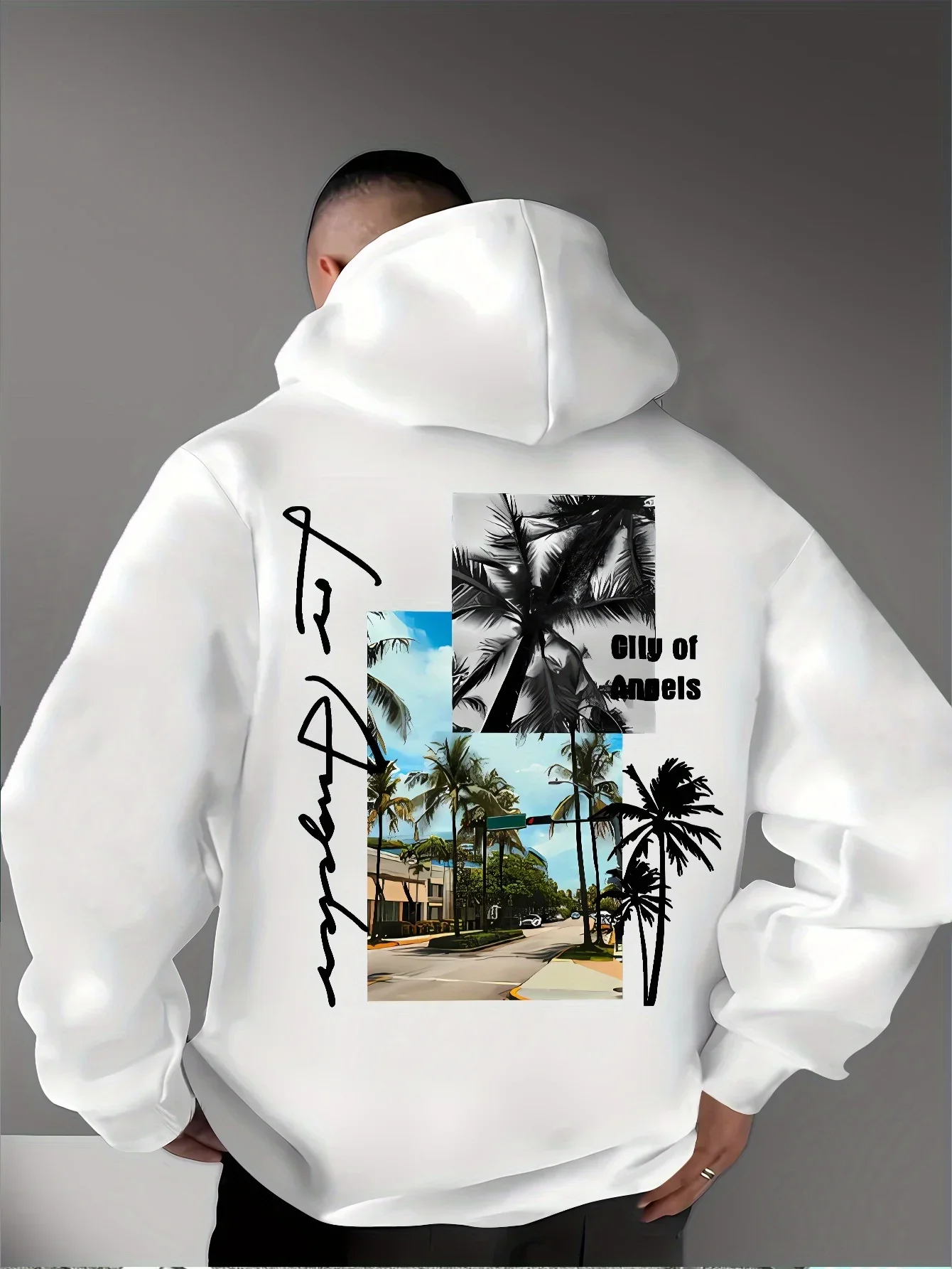 Oversized Men Hoodie Vintage LA City Palm Tree Spliced Photo Los Angeles Cursive Script Graphic Soft Fleece Sweatshirt
