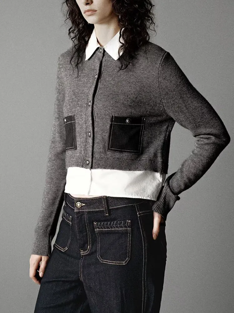 

Autumn 2025 New Women's Faion ort Knitted Open Cardigan Color Blo Casual Sle Fake Two-Piece Design Versatile Match