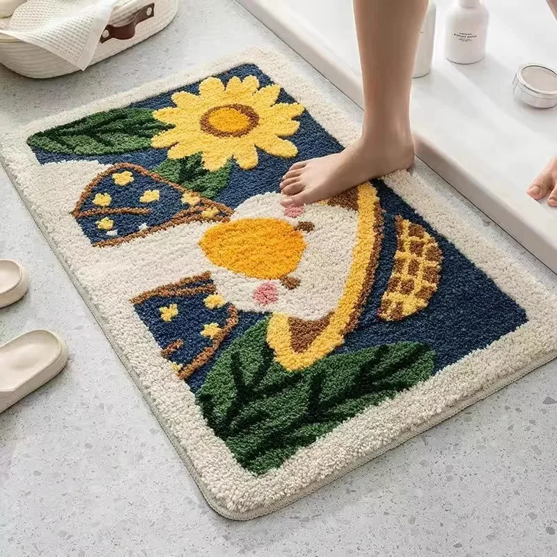 VIKAMA Sunflower Egg Toast Bath Mat, Cute Food Floral Rug, Soft Absorbent Non-slip Washable Bathroom Shower Floor Mat