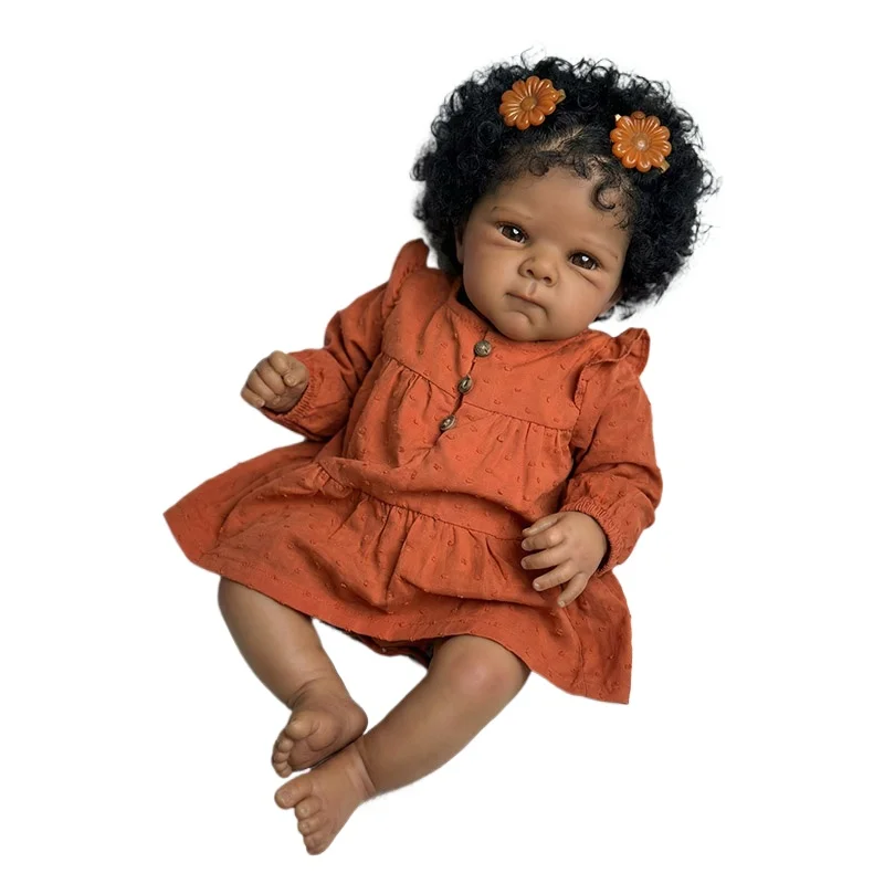 NPK 18'' Bebê Reborn Realista com Toque Macio, Pintura à Mão, Pele Marrom Escura com Veias Visíveis e Cabelo Cacheado Preto Enraizado
