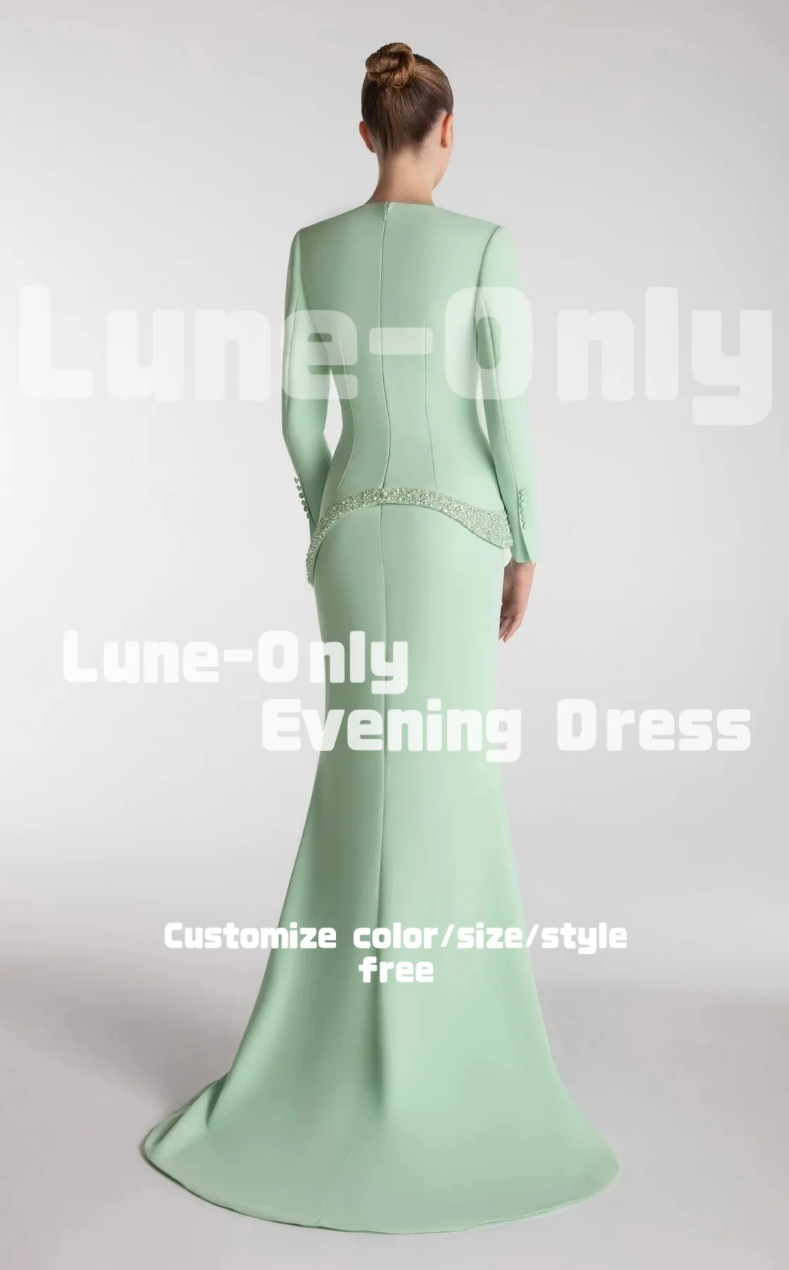 Maßgeschneiderte Mint Matte Jersey lange Ärmel Perlen Abendkleider Luxuriöses elegantes Partykleid bodenlanges Abschlussball-formales Kleid