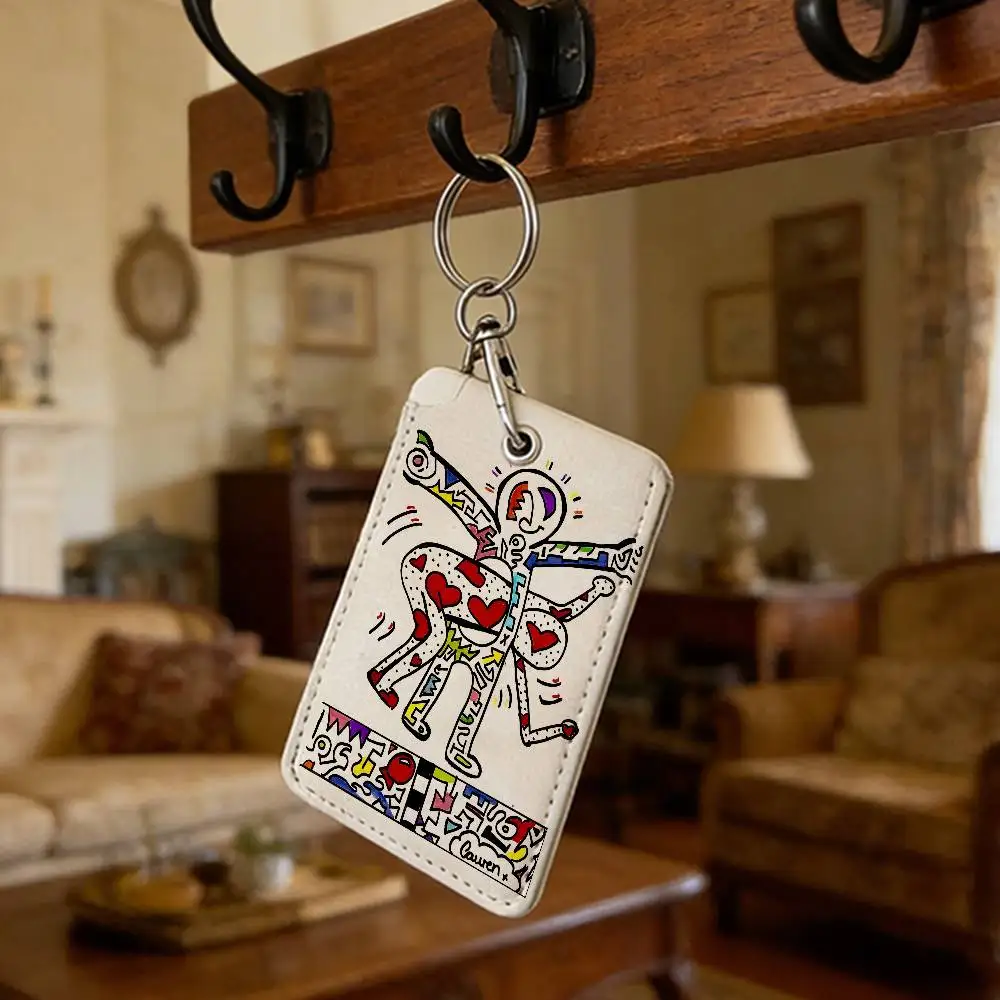 Pop Art K-Keith Haring Rechteckiges Ausweishüllen-Schlüsselanhänger-Set, Kartenetui, Schlüsselanhänger, Leder-Kartenhalter, Schlüsselring, Ausweishalter – Detail 11