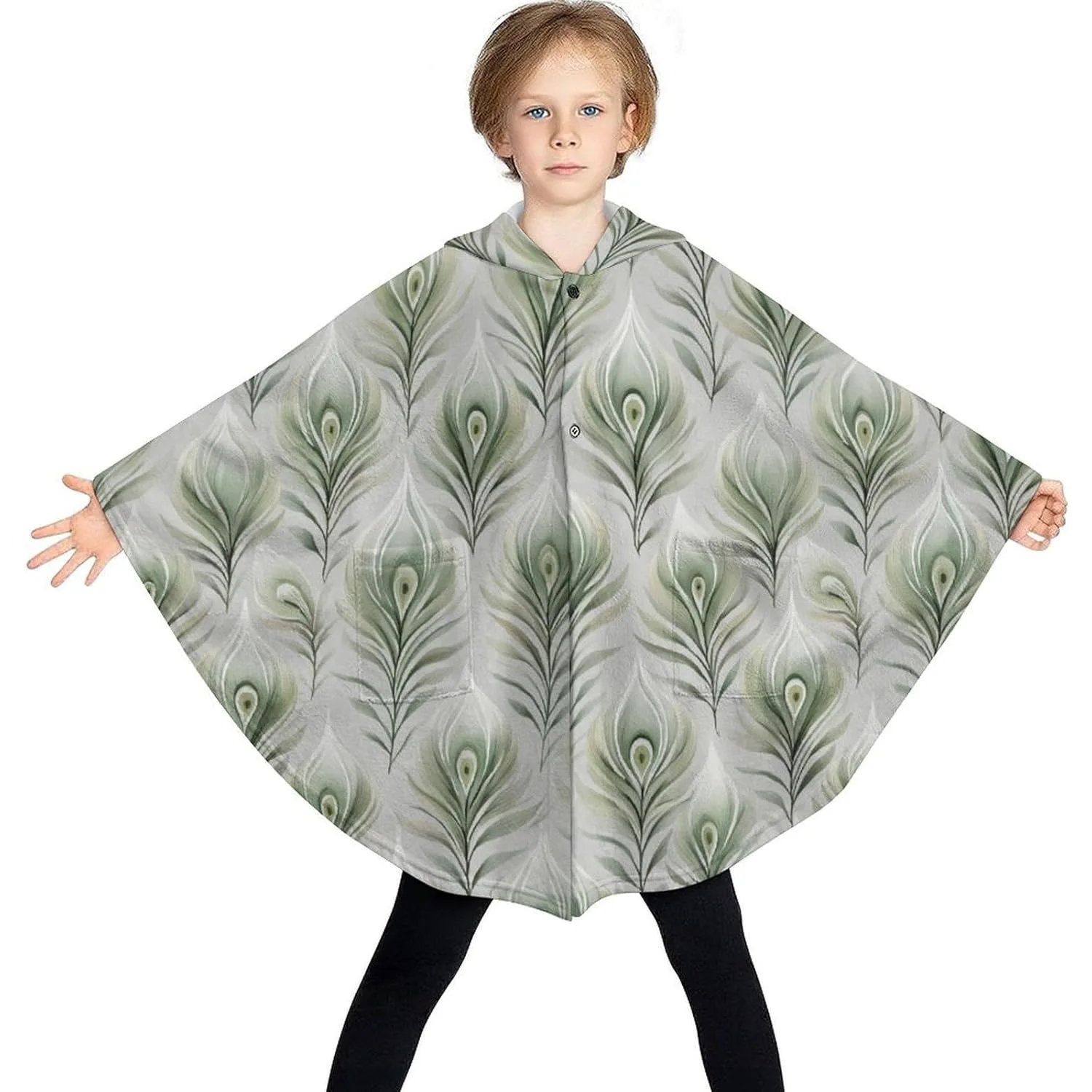 سترة بطانية مريحة من الفلانيل، سترة أنيقة ذات قلنسوة كبيرة الحجم من ريش الطاووس مع جيوب للأطفال والمراهقين #3