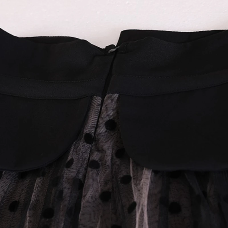 CHICEVER ภาษาฝรั่งเศสคํา Retro Dot พิมพ์ตาข่ายกระโปรงผู้หญิงสูงเอว Patchwork Lace Up Temperament ชุดราตรี Maxi กระโปรงหญิงใหม่