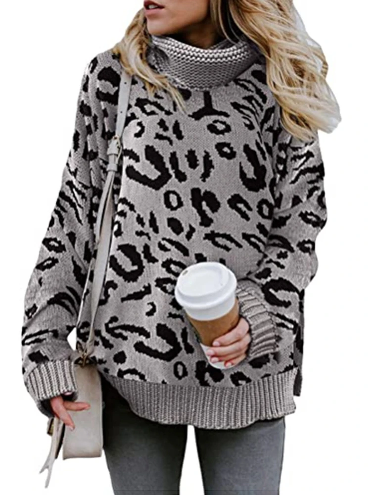 Casual Knitting Sweater Women\'s Leopard Print Turn-down Coiiar Long Sleeve Tops Autumn Winter New Casual Pullover Sweaters 2024