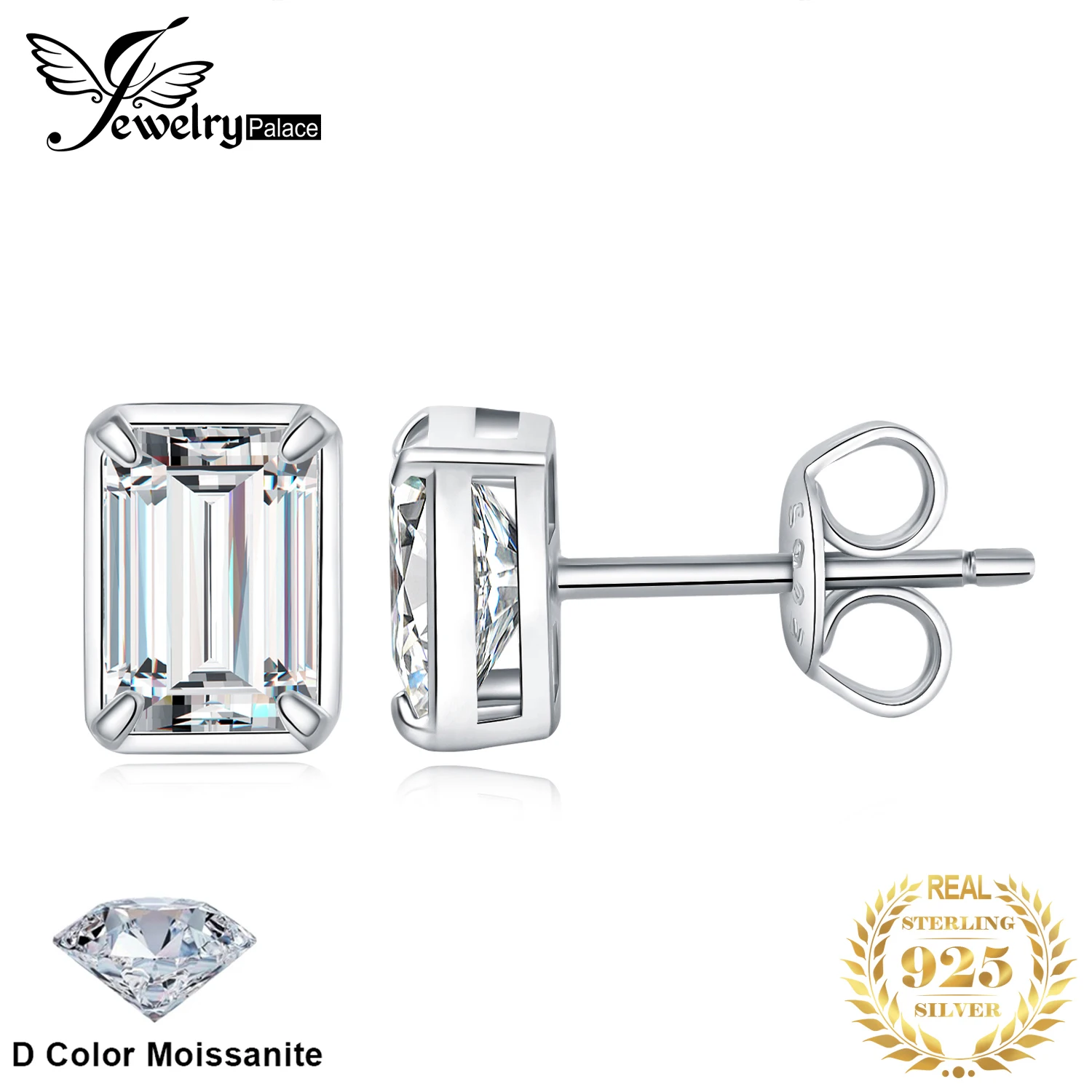

JewelryPalace Муассанит D Цвет 1,6 карата/пара Изумрудная огранка Серьги-гвоздики из стерлингового серебра 925 пробы для женщин с покрытием из желтого розового золота