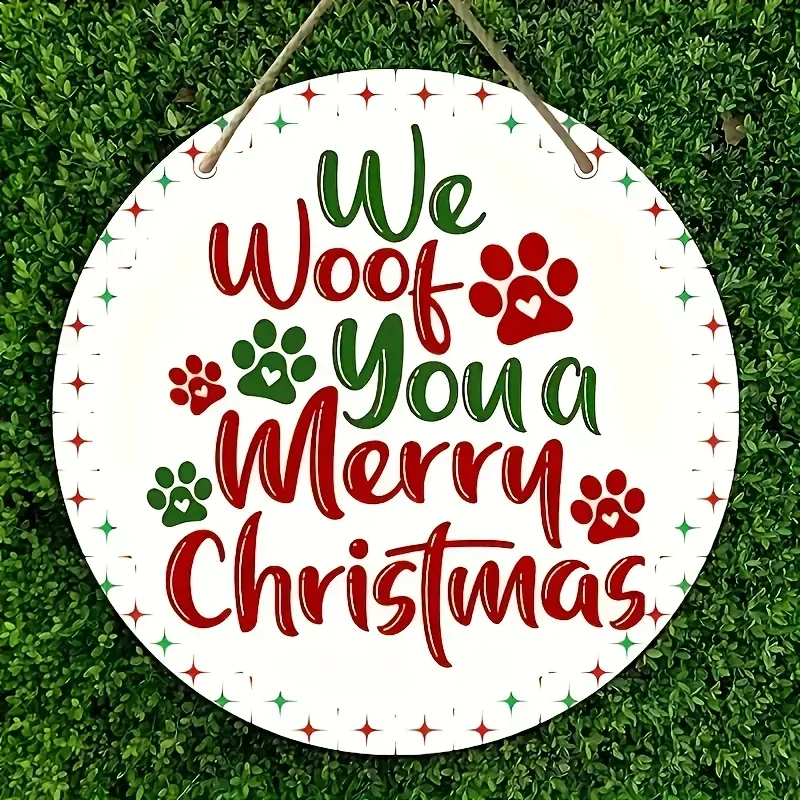 1 Stück modernes rundes Holzschild mit bezauberndem Hundepfotenabdruck – 20,32 x 20,32 cm, festliche Hängedekoration für Weihnachten und Neujahr,