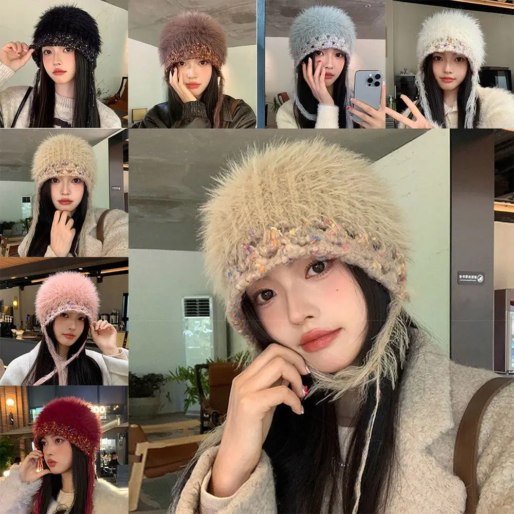 لينة INS نمط البلوز قبعة مختلط اللون الأشرطة سدادات حماية الأذن منفذها القبعات كبير رئيس الباردة مقاومة قبعة النساء الفتيات البكر